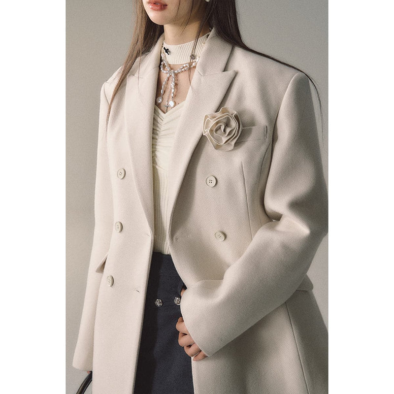 Cream Woolen Double-breasted Coat