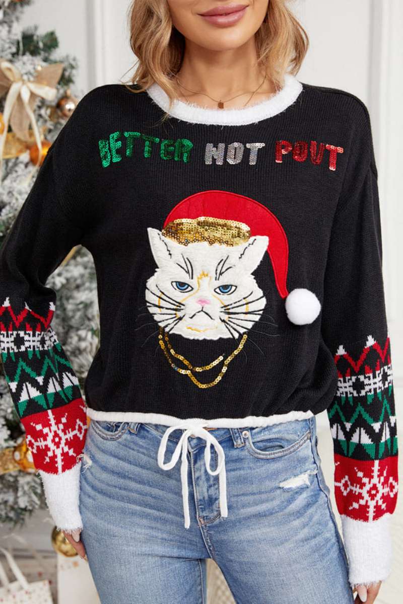 Round Neck Cat Embroidery Sequin Sweater