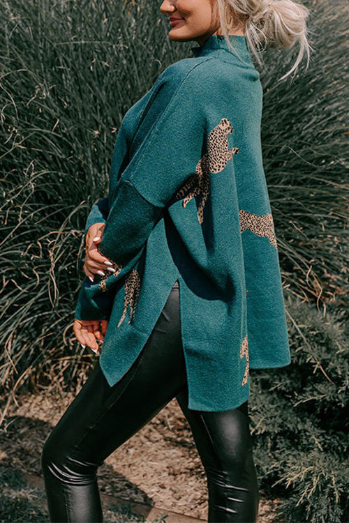 High Neck Side Slit Cheetah Pattern Sweater