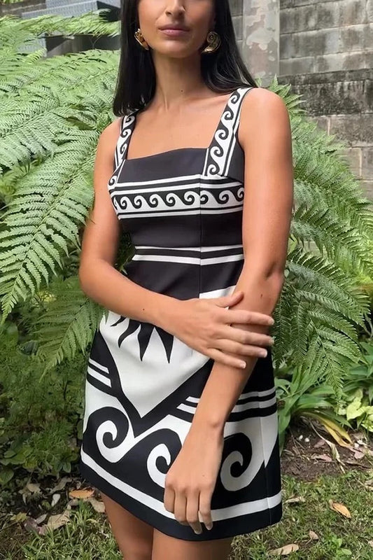 At the Coast Unique Print Sleeveless Square Neck Mini Dress