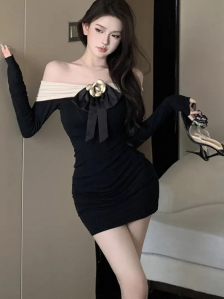 Patchwork Mini Dress Long Sleeves Slash Neck Bodycon Autumn Spring Evening Party Slim Warpped Hip Slim Vestidos Mujer