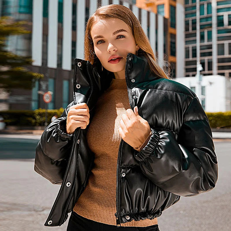 Winter Warm Thick Pu Leather Coats Short Parkas Black Cotton Padded Lady Down Jacket Zipper Clothes