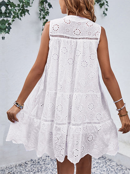 Loose Sleeveless Hollow Lace-up Color Split-joint Round-neck Mini Dresses