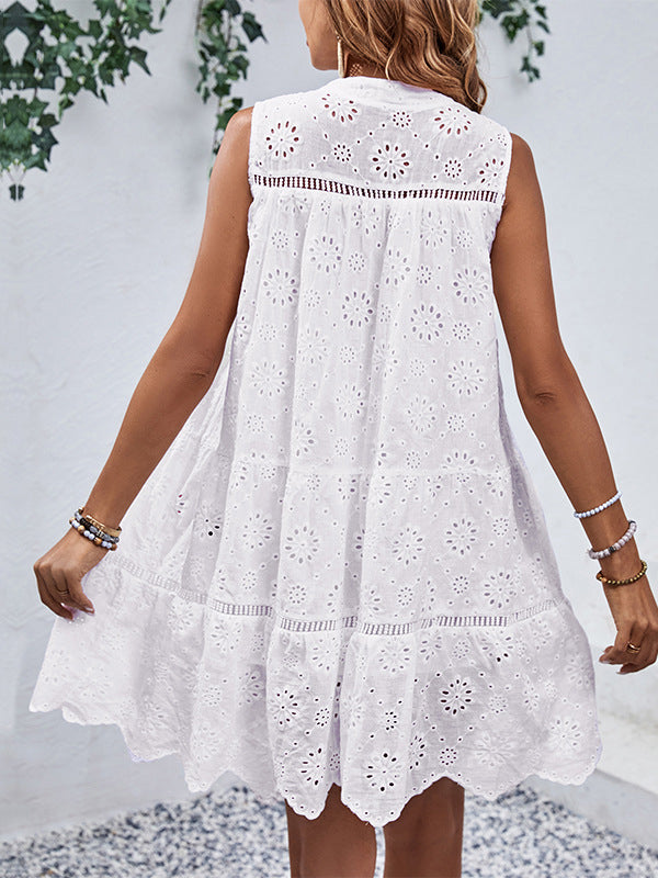Loose Sleeveless Hollow Lace-up Color Split-joint Round-neck Mini Dresses