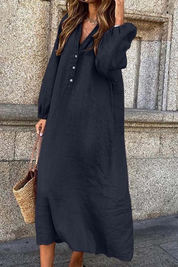 Cotton Linen Color Long-sleeved V-neck Button Long Jumpsuit