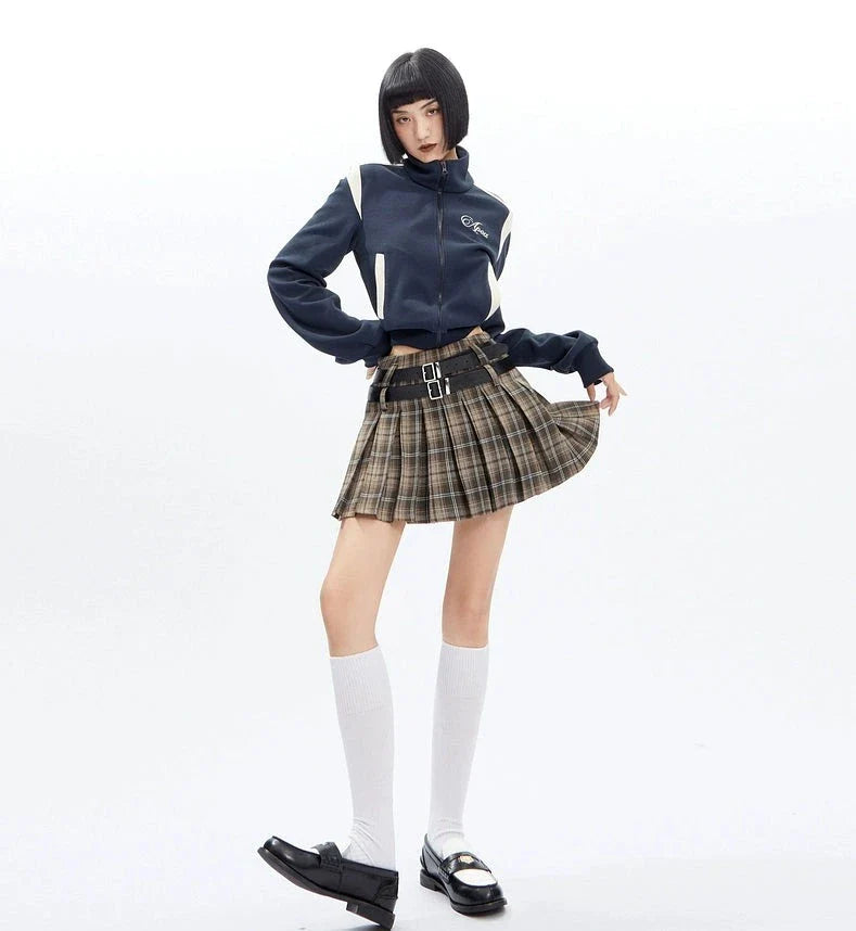 Plaid Double-belt Pleated Skirt