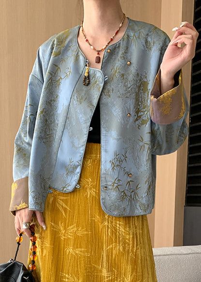 Loose Blue Button Print Silk Coats Long Sleeve Af1087