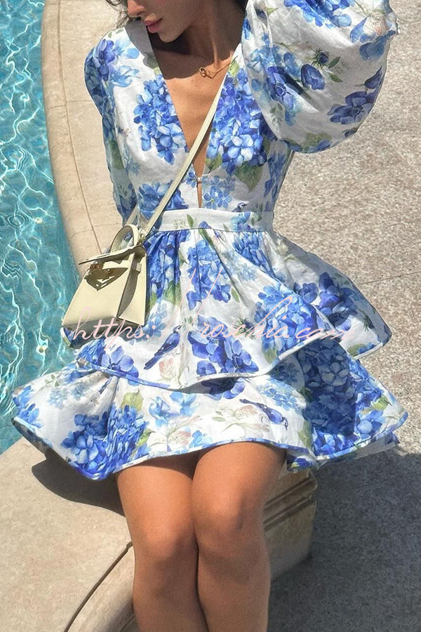 Feminine and Print Deep V-neck Balloon Sleeve Tiered Mini Dress