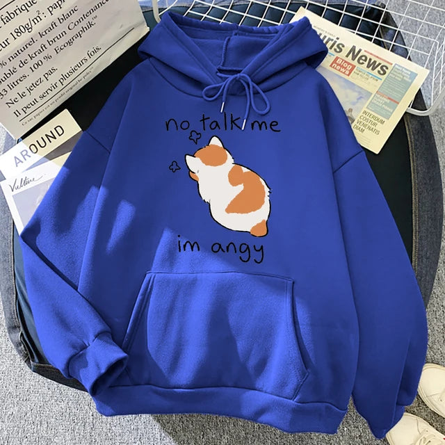 No Talk Me Angry Cat Print Hoody Hip Hop Soft Sweatshirt Fleece Sweatshirt Oversize Fleece