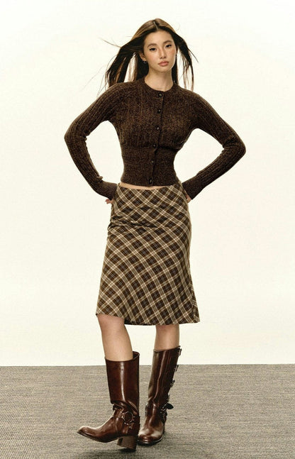 Brown Fitted Ribbed Button Cardigan