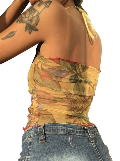 Y2k Mesh Sheer T-shirt Halter Tops Sleeveless Slim Fit Crop Top Harajuku