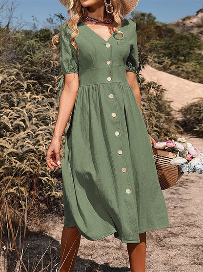 A-line High Waisted Buttoned Hollow Pleated Split-joint Tied V-neck Midi Dresses