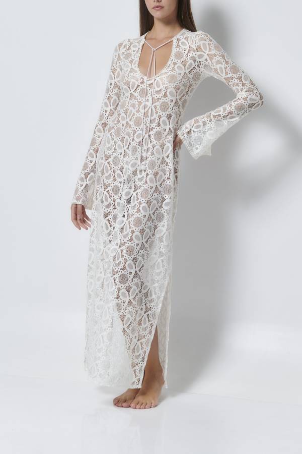 Santorini Sunset Lace Long Sleeve Slit Vacation Maxi Dress