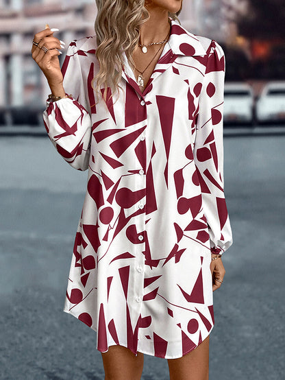 Loose Puff Sleeves Printed Split-joint Lapel Mini Dresses Shirt Dress