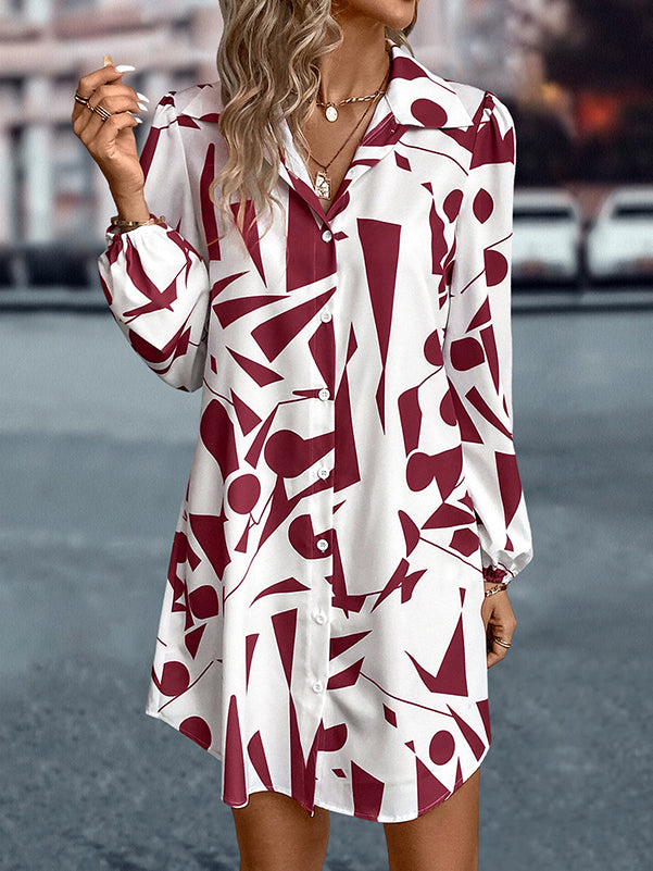 Loose Puff Sleeves Printed Split-joint Lapel Mini Dresses Shirt Dress