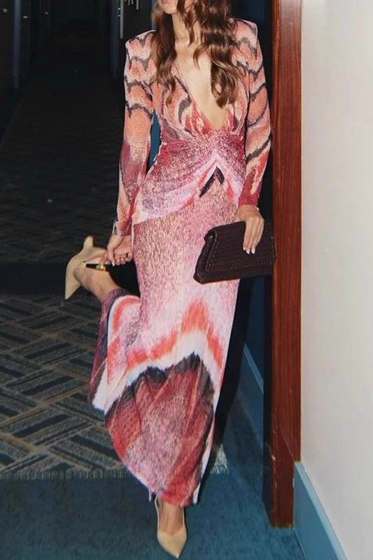 V-neck Print Long Sleeve Bodycon Maxi Dress