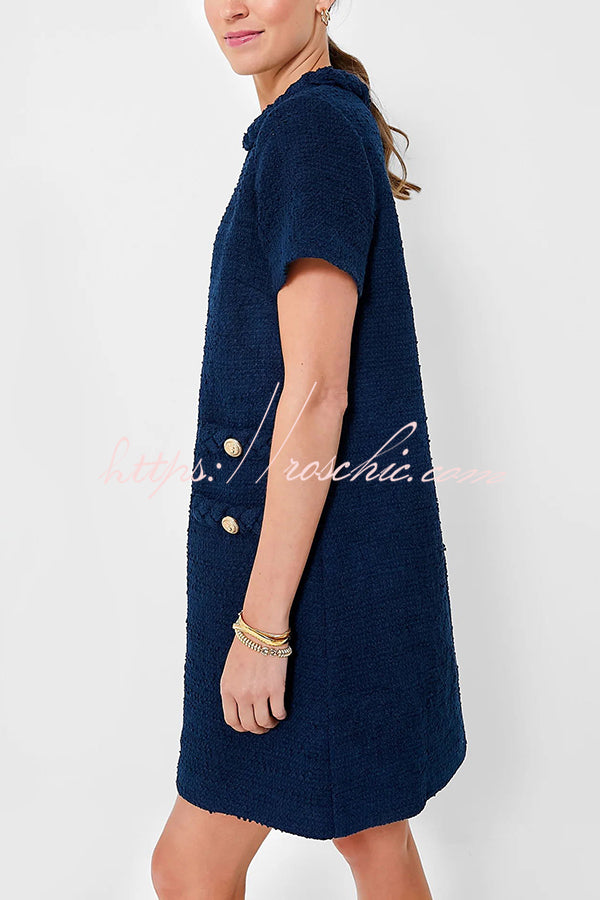Confident and Tweed Fabric Braided Trim Button Shift Mini Dress