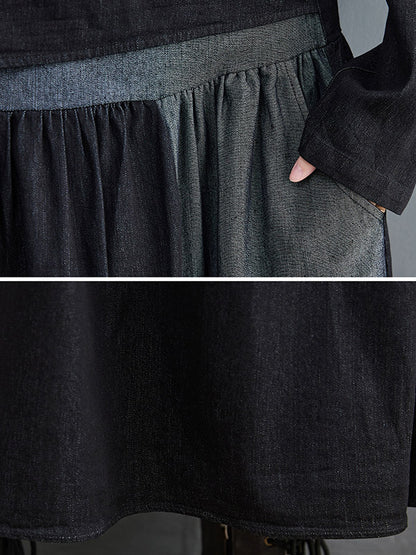 Original Loose Denim Split-joint Tied Lapel Collar Long Sleeves Midi Dress