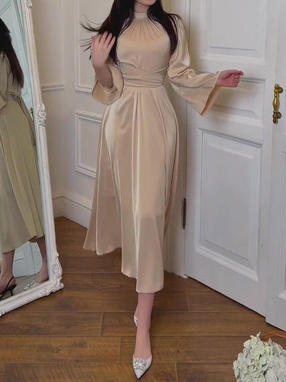Long Sleeves Loose Pleated Color Tied Waist Mock Neck Maxi Dresses