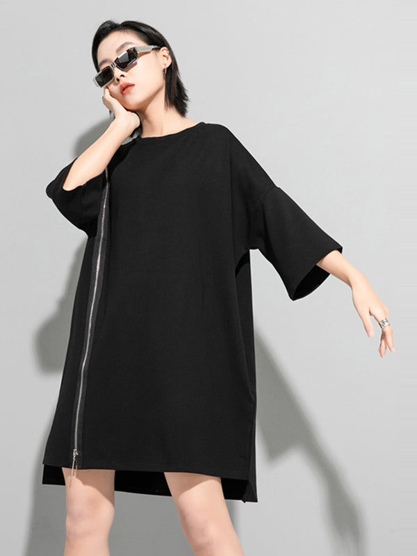 Original Black Zipper Batwing Sleeve Round-neck Mini Dress