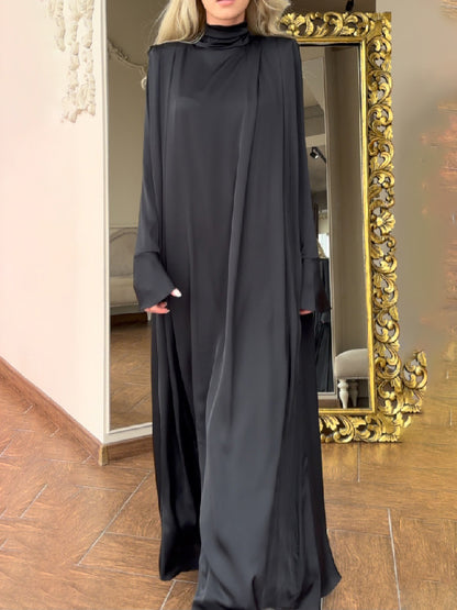 Flared Sleeves Long Sleeves Color High-neck Maxi Dresses