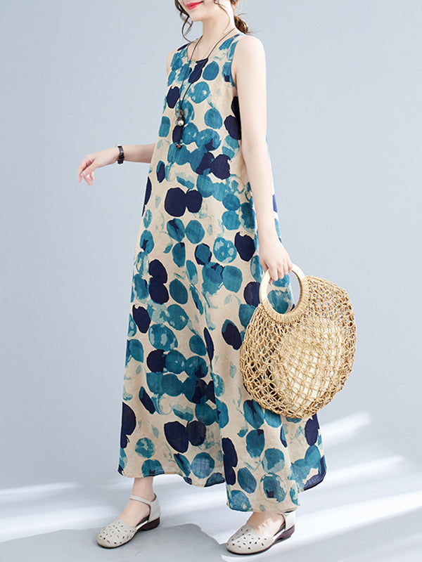Loose Sleeveless Polka-dot Round-neck Maxi Dresses