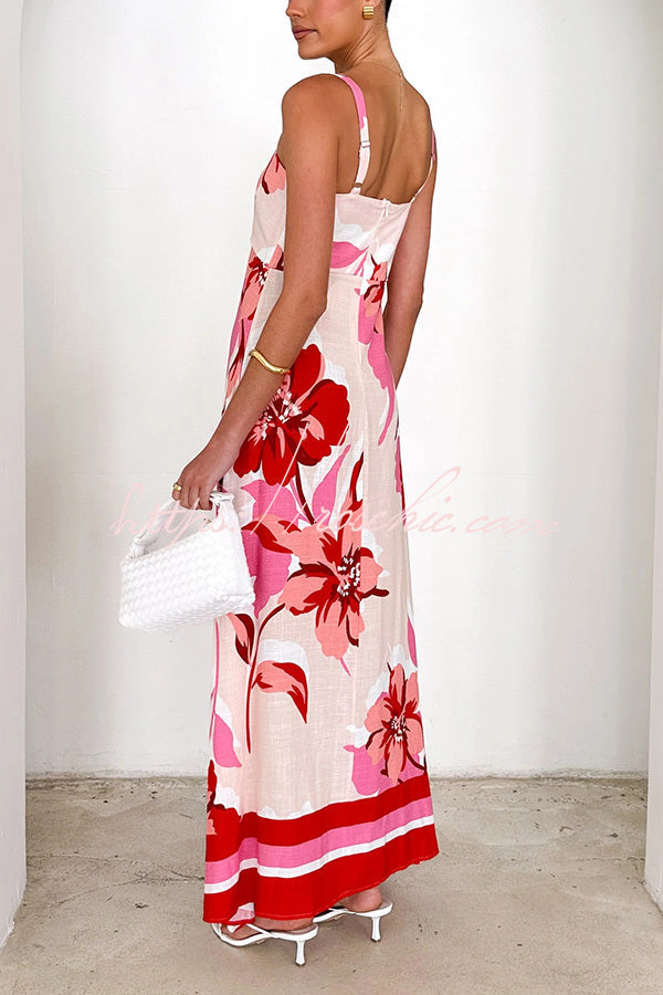 Print Strap Square Neck Large Hem Maxi Dress