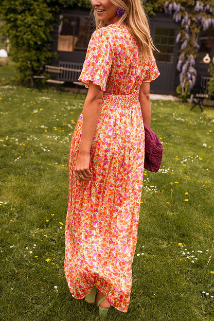 Print V-neck Short Sleeve Waist Maxi Dress