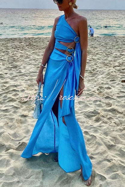 As As the Sky Side Waist Ring Hollow Design Slit Vacation Maxi Dress