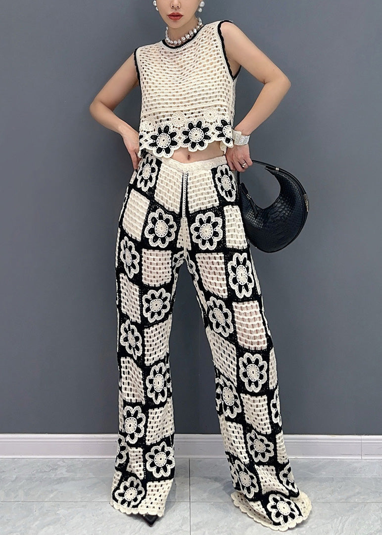 White O Neck Hollow Out Cotton Two-piece Set Sleeveless Ao1017