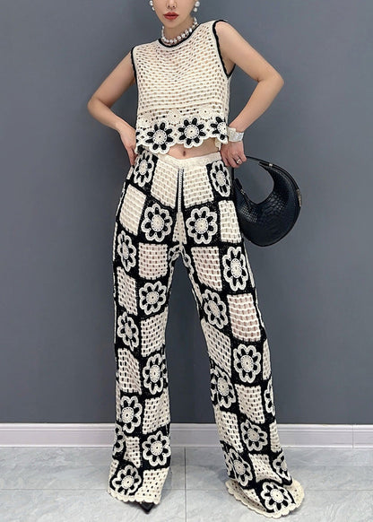White O Neck Hollow Out Cotton Two-piece Set Sleeveless Ao1017