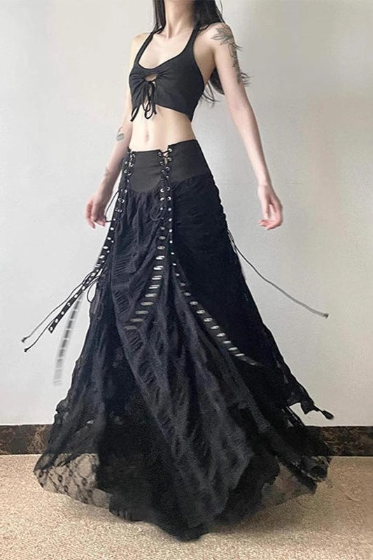 Y2k Goth Lace-up Paneled Patchwork Maxi Skirt