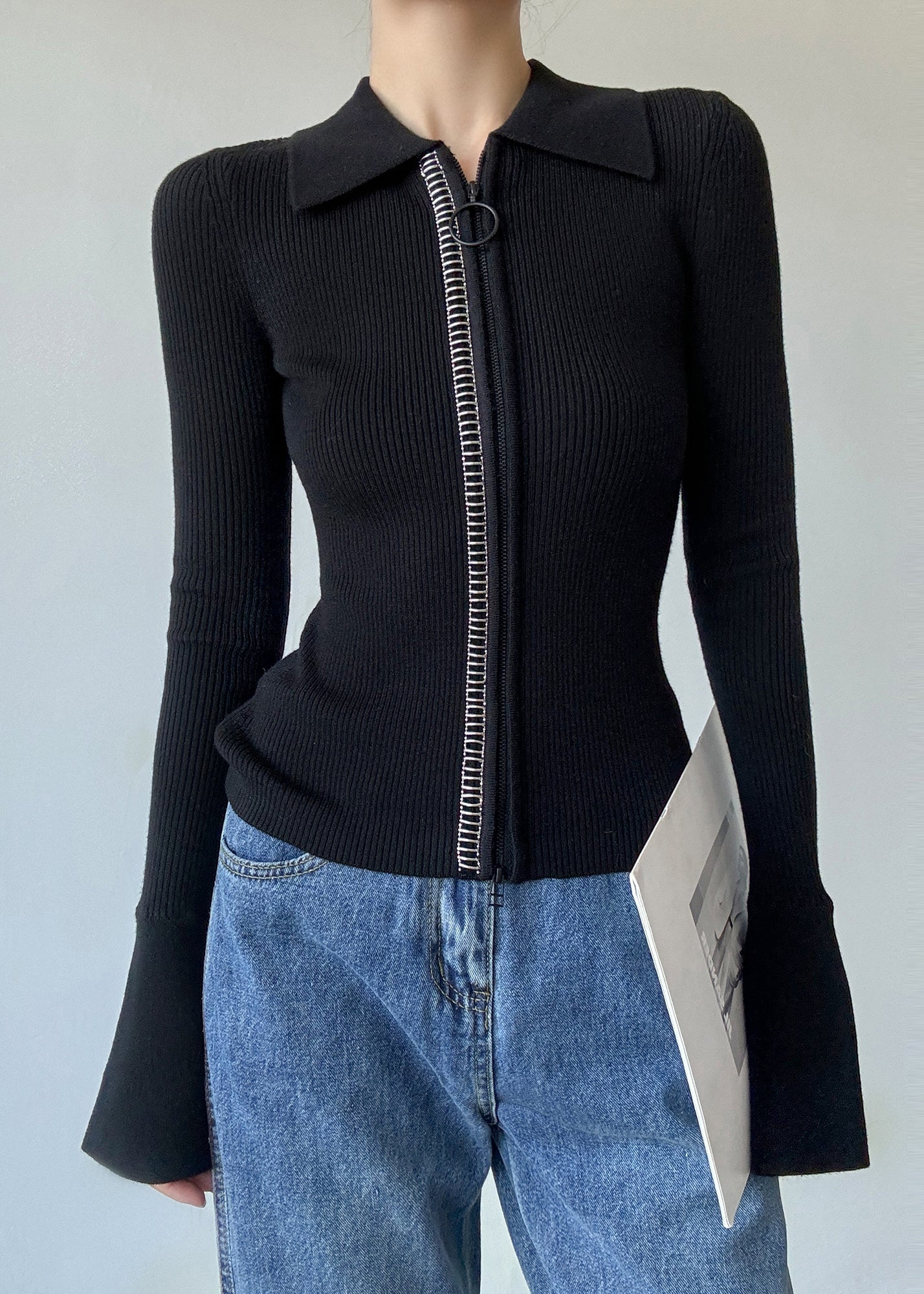 Italian Black Peter Pan Collar Zip Up Patchwork Woolen Sweaters Winter Rv028