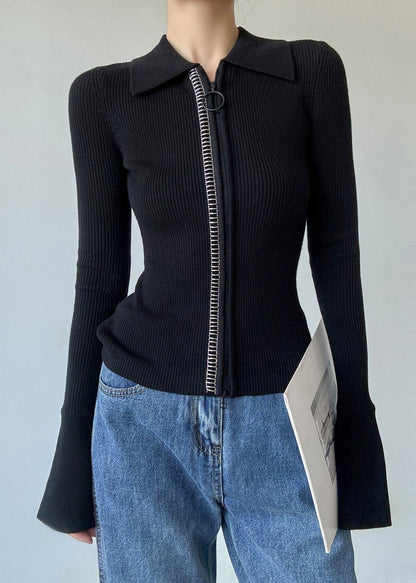 Italian Black Peter Pan Collar Zip Up Patchwork Woolen Sweaters Winter Rv028