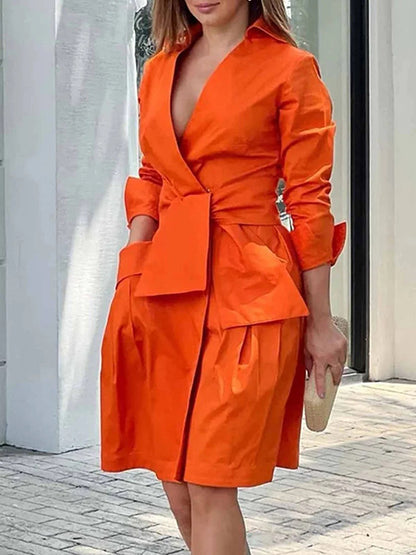 Long Sleeves Color Tied Waist Deep V-neck Mini Dresses
