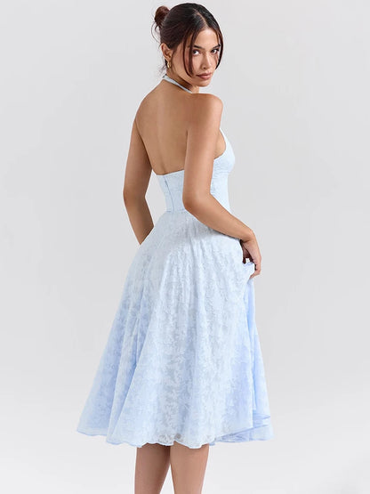 Deep V Neck Halter Madi Dress Sleeveless Backless A-line Loose Pleated Evening Long Dress