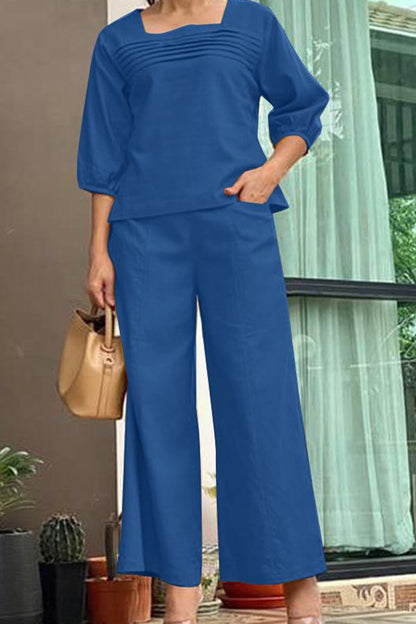 Loose Color Long Sleeved Top Wide Leg Pants Set
