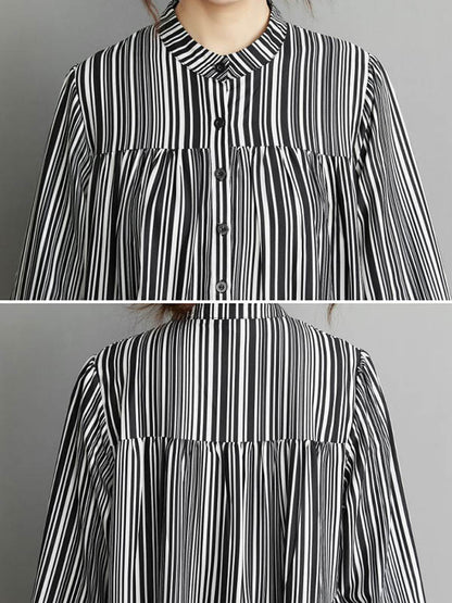 Loose Striped Buttoned Stand Collar Long Sleeves Midi Dress