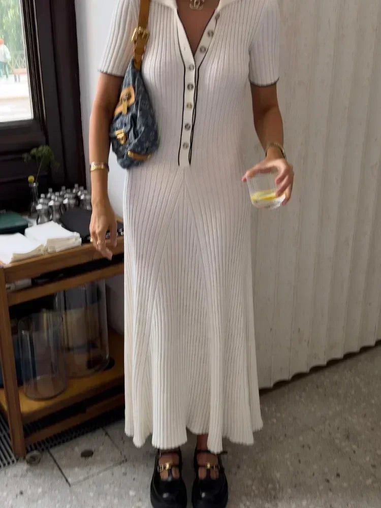 White Knit Maxi Dress for Short Sleeve Patchwork Party Dress Lapel High Waist Knitwear ’s Dress