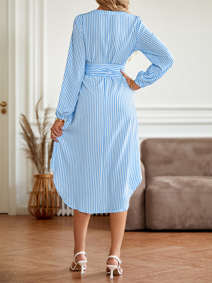 A-line Long Sleeves Striped Tied Waist V-neck Midi Dresses Shirt Dress