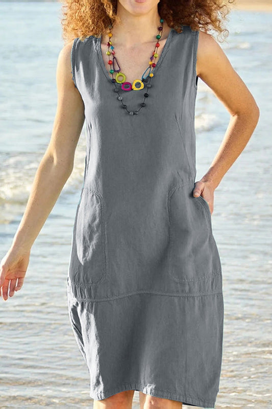 Chun Color Cotton and Linen U-neck Sleeveless Pocket Midi Dress