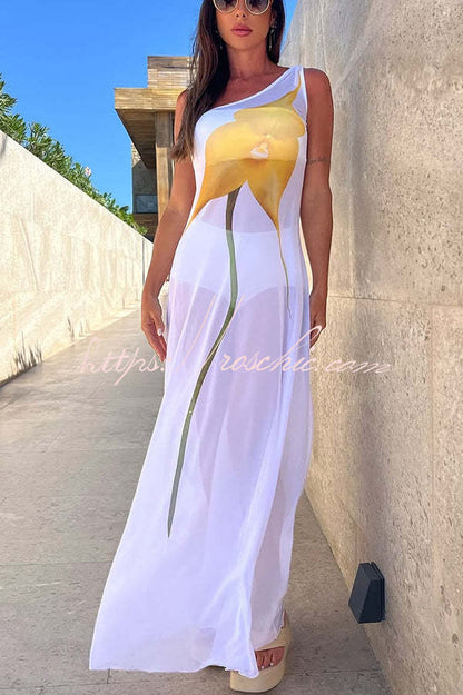 Dalia Tulle See Through Print One Shoulder Vacation Maxi Dress