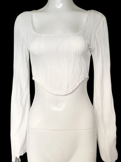 Long Sleeve Textured Crop Tops Scoop Neck Hanky Hem Color Short Slim Fit T-shirt Female