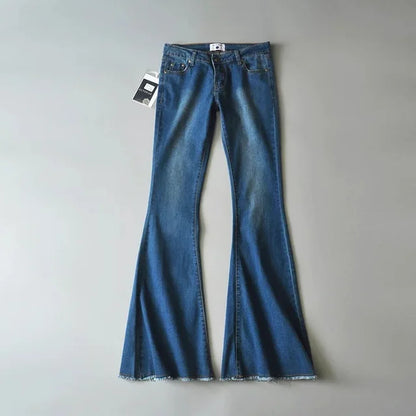 Retro Low Waist Blue Jeans for Bodycon Flared Pants Basic Slim Fit Summer Street Jeans Woman