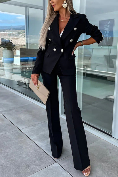 Time to Charm Lapel Button Pocket Long Sleeve Blazer Elastic Waist Pants Suit