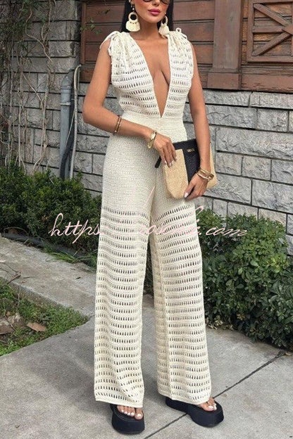 Color Knitted V-neck Holiday Hollow Jumpsuit