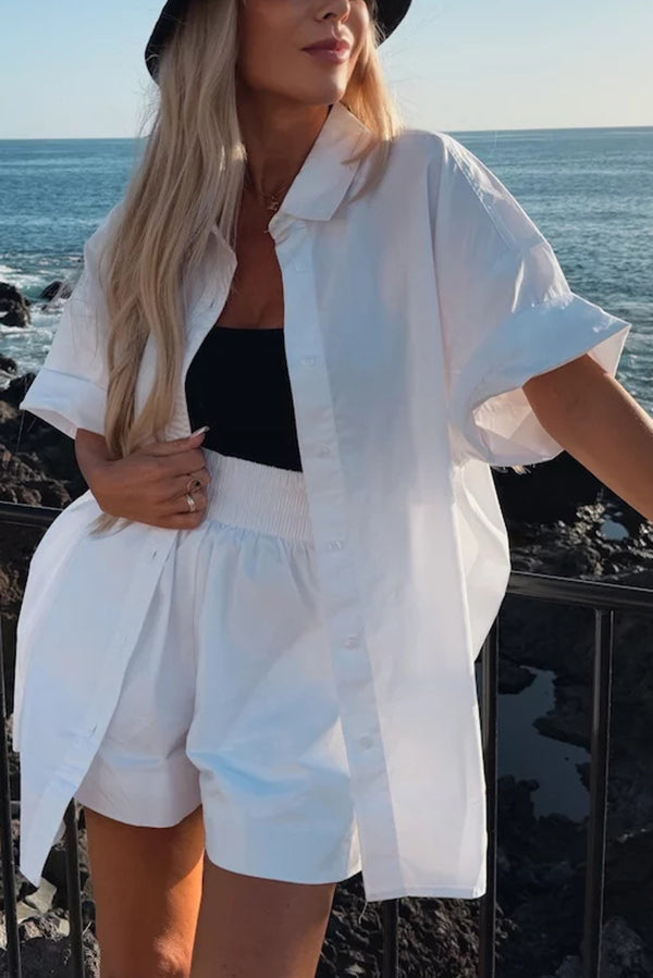 Summer Loose Short-sleeved Shirt and Elastic High Waist Shorts Set