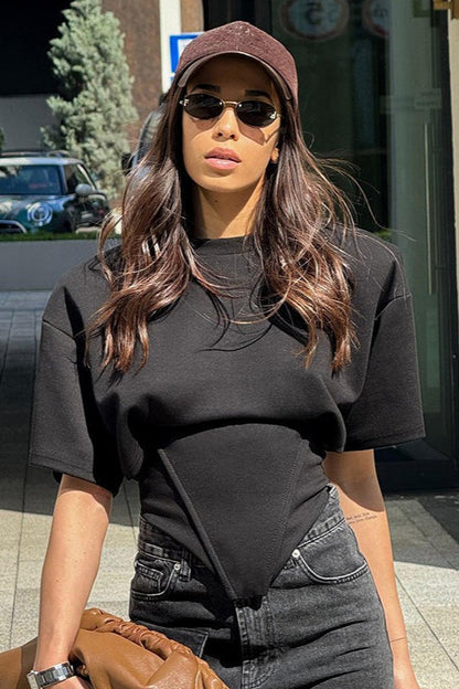 Wide Shoulder Tie Waist Elbow Sleeve T-shirt