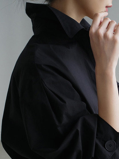 Long Sleeves Loose Pleated Color Split-joint Tied Waist Lapel Midi Dresses Shirt Dress