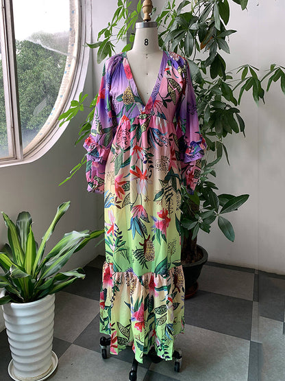 Bishop Sleeve High Waisted Flower Print Pleated Ruffled Split-joint Deep V-neck Maxi Dresses